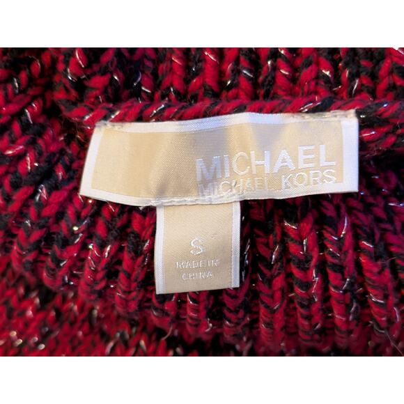 Michael Kors Turtleneck Sweater Small Marled Red Black Silver Metallic Holiday - Picture 6 of 8